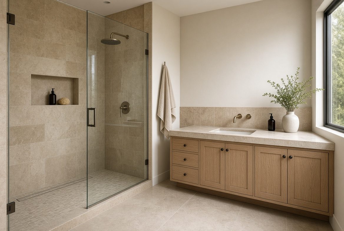 Finished bathroom with a tiled walk-in shower and oak vanity