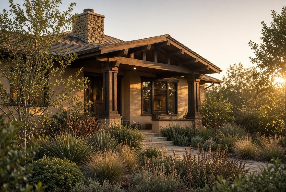 Craftsman-style California home exterior in warm evening light