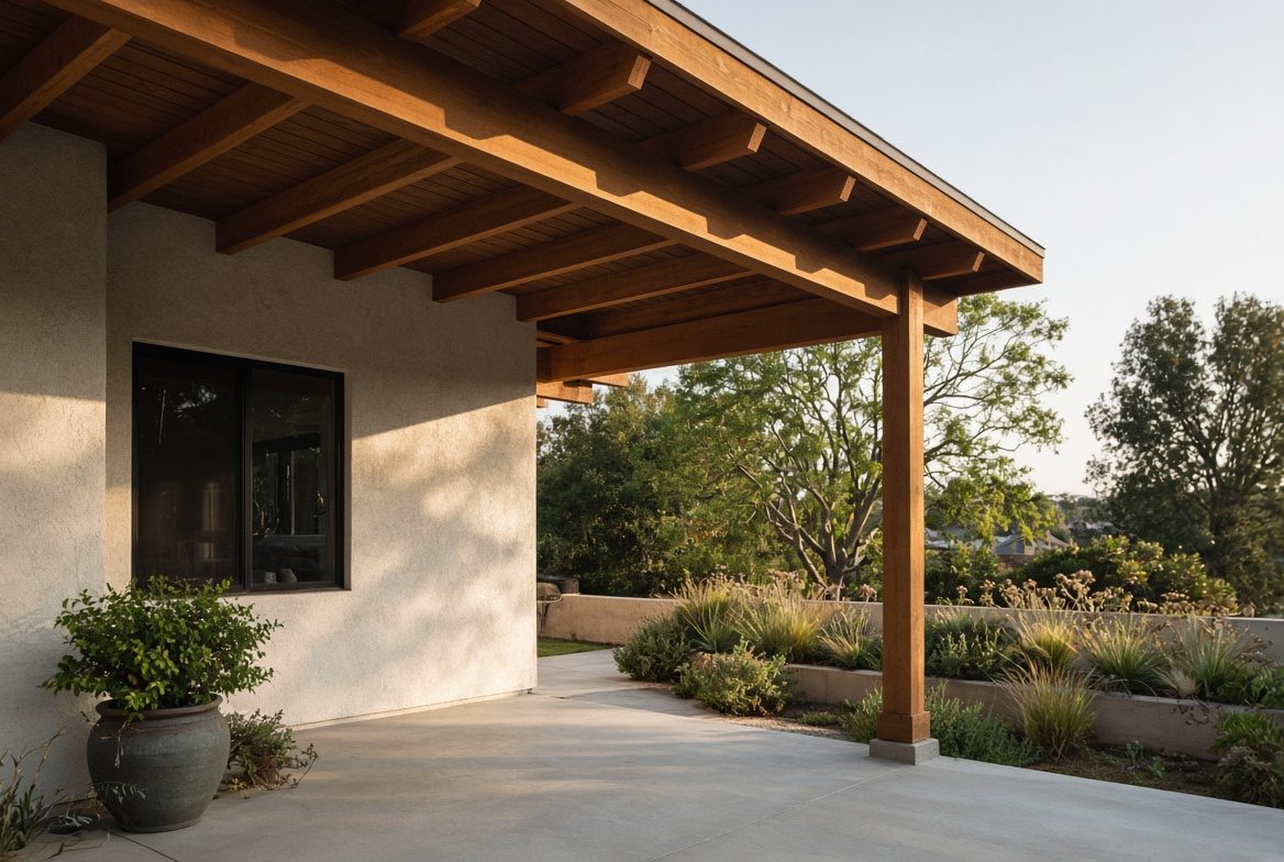 Wood patio cover with exposed rafters on a stucco home