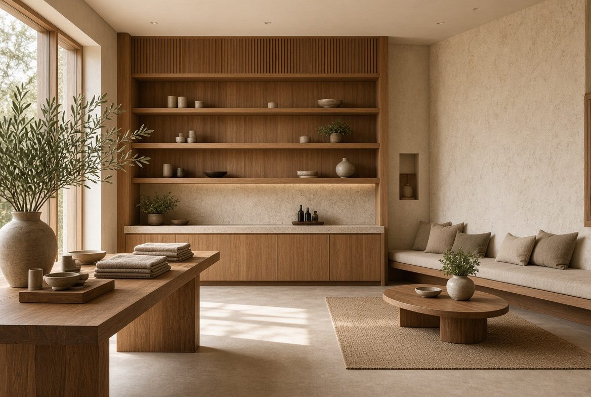 Warm wood retail or hospitality interior with open shelving